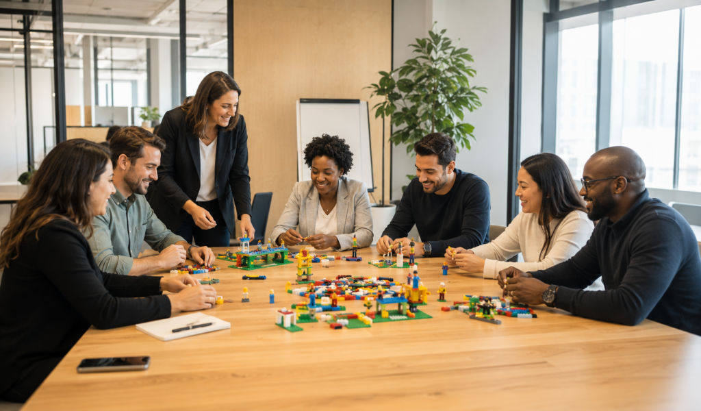Personas sentadas alrededor de la mesa jugando con piezas lego.