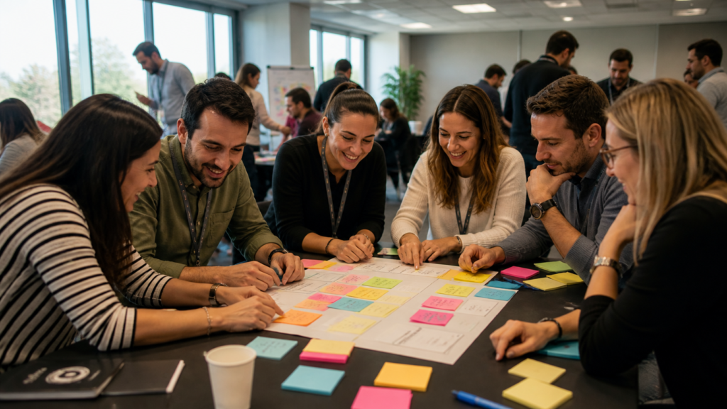 Personas jugando en una mesa con papeles de colores escritos.